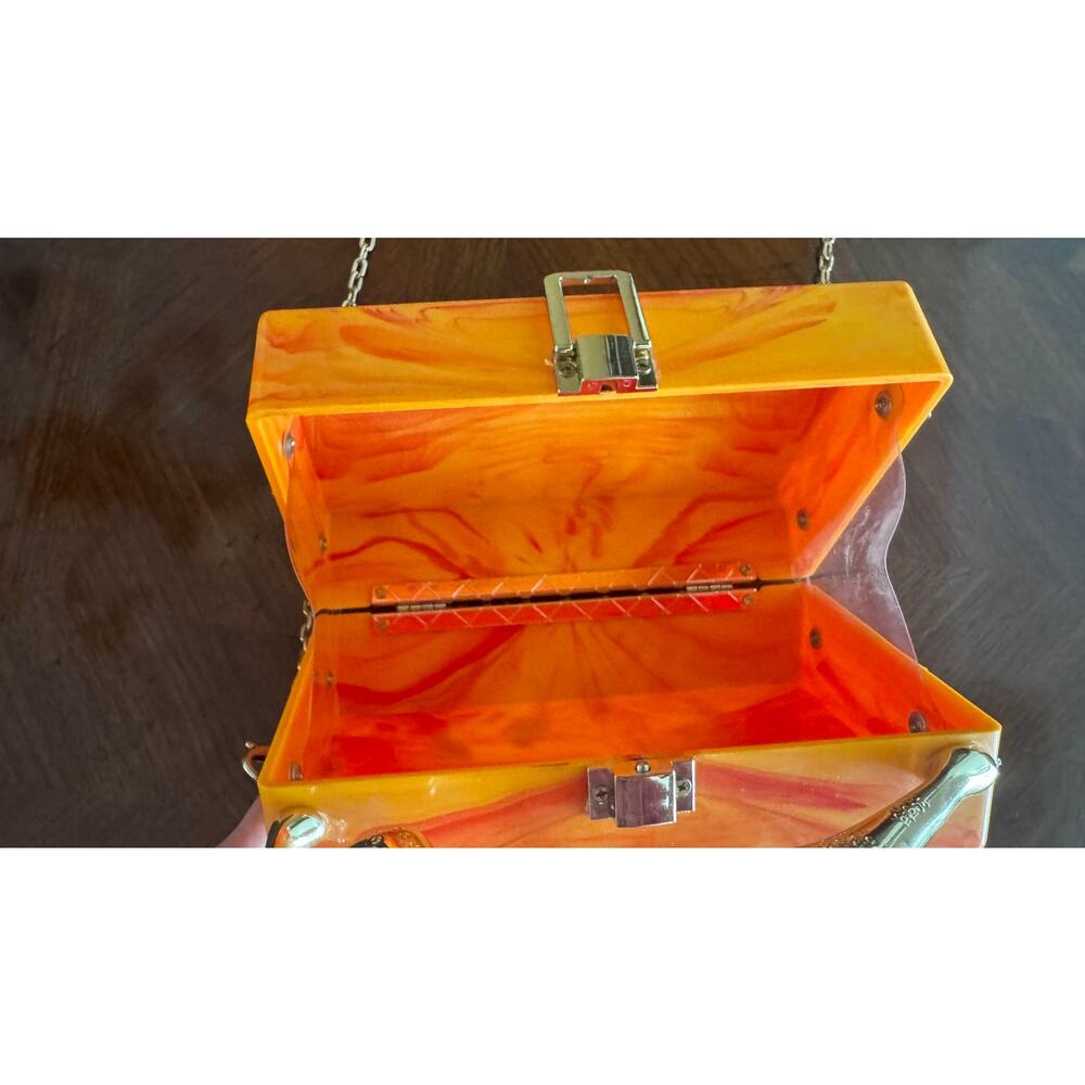 Orange Marbled Panther Handle Box Clutch Minaudiere Chain Purse - Picture 2 of 12